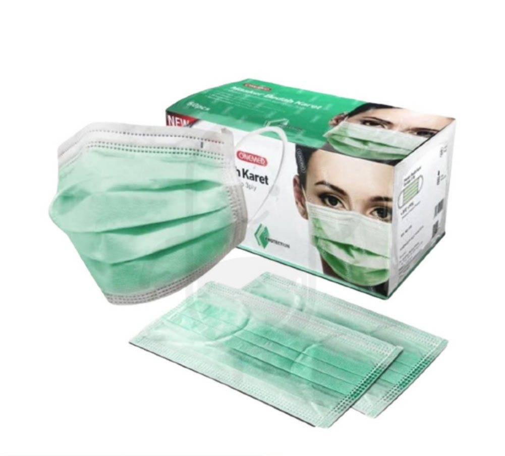 ONEMED 3PLY MASKER BEDAH KARET EARLOOP WARNA HIJAU BOX 50 PCS